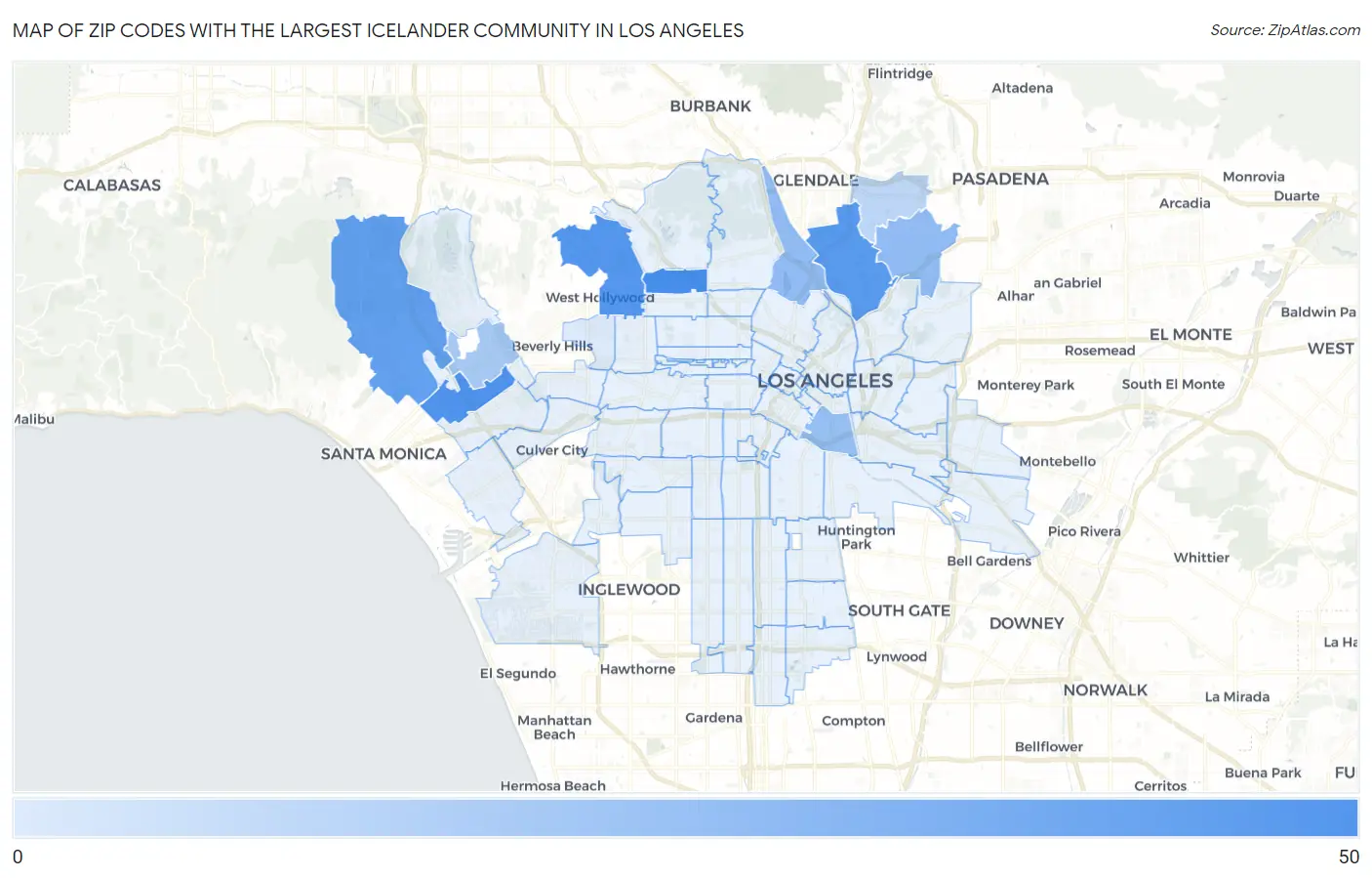 Zip Codes with the Largest Icelander Community in Los Angeles Map