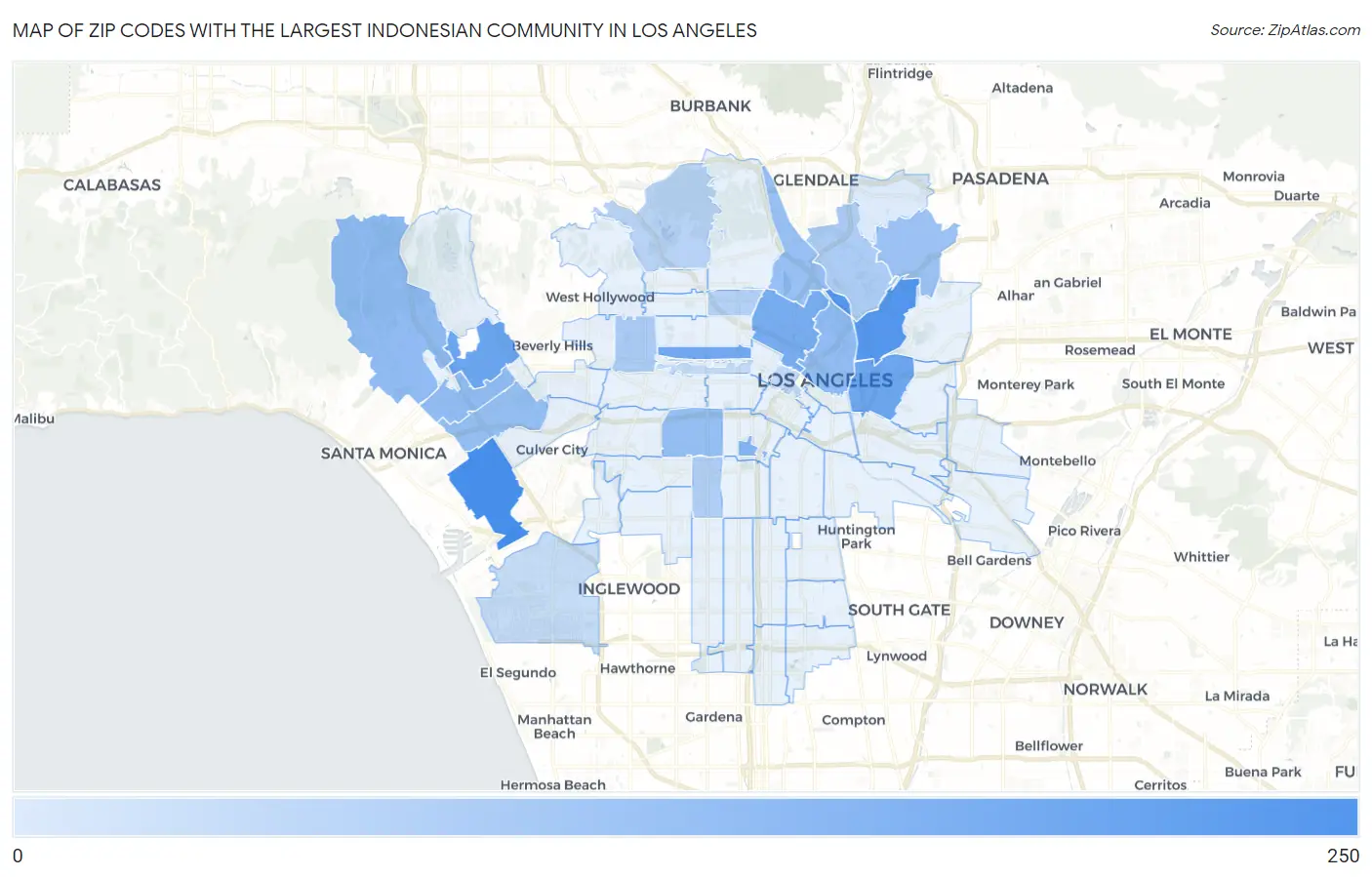 Zip Codes with the Largest Indonesian Community in Los Angeles Map