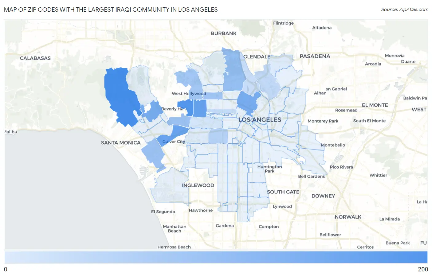 Zip Codes with the Largest Iraqi Community in Los Angeles Map