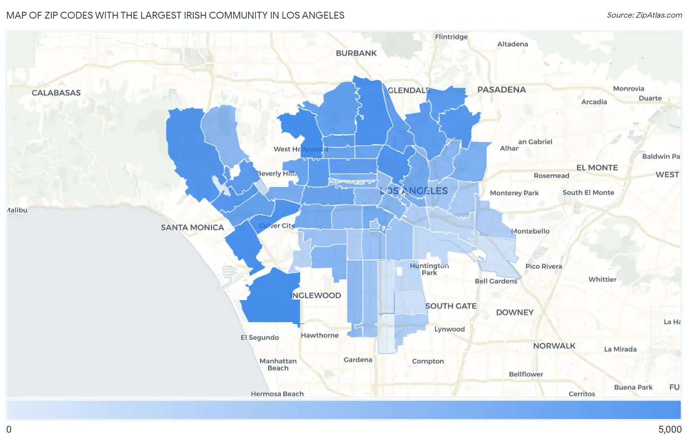 Zip Codes with the Largest Irish Community in Los Angeles Map