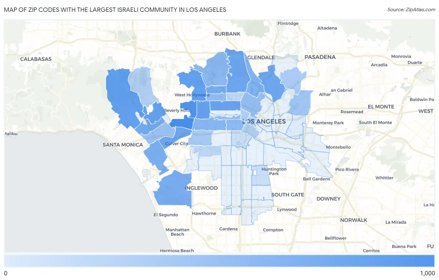 Zip Codes with the Largest Israeli Community in Los Angeles Map