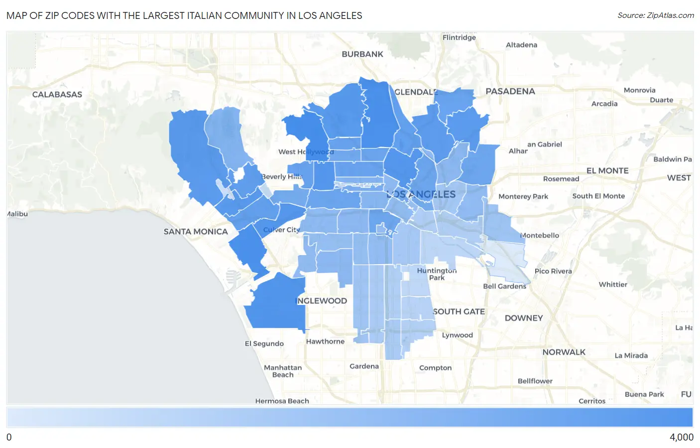 Zip Codes with the Largest Italian Community in Los Angeles Map