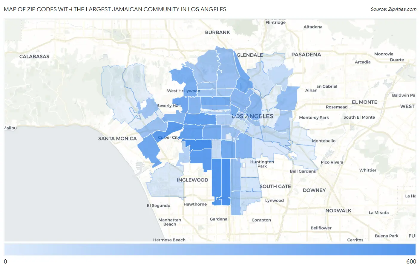 Zip Codes with the Largest Jamaican Community in Los Angeles Map