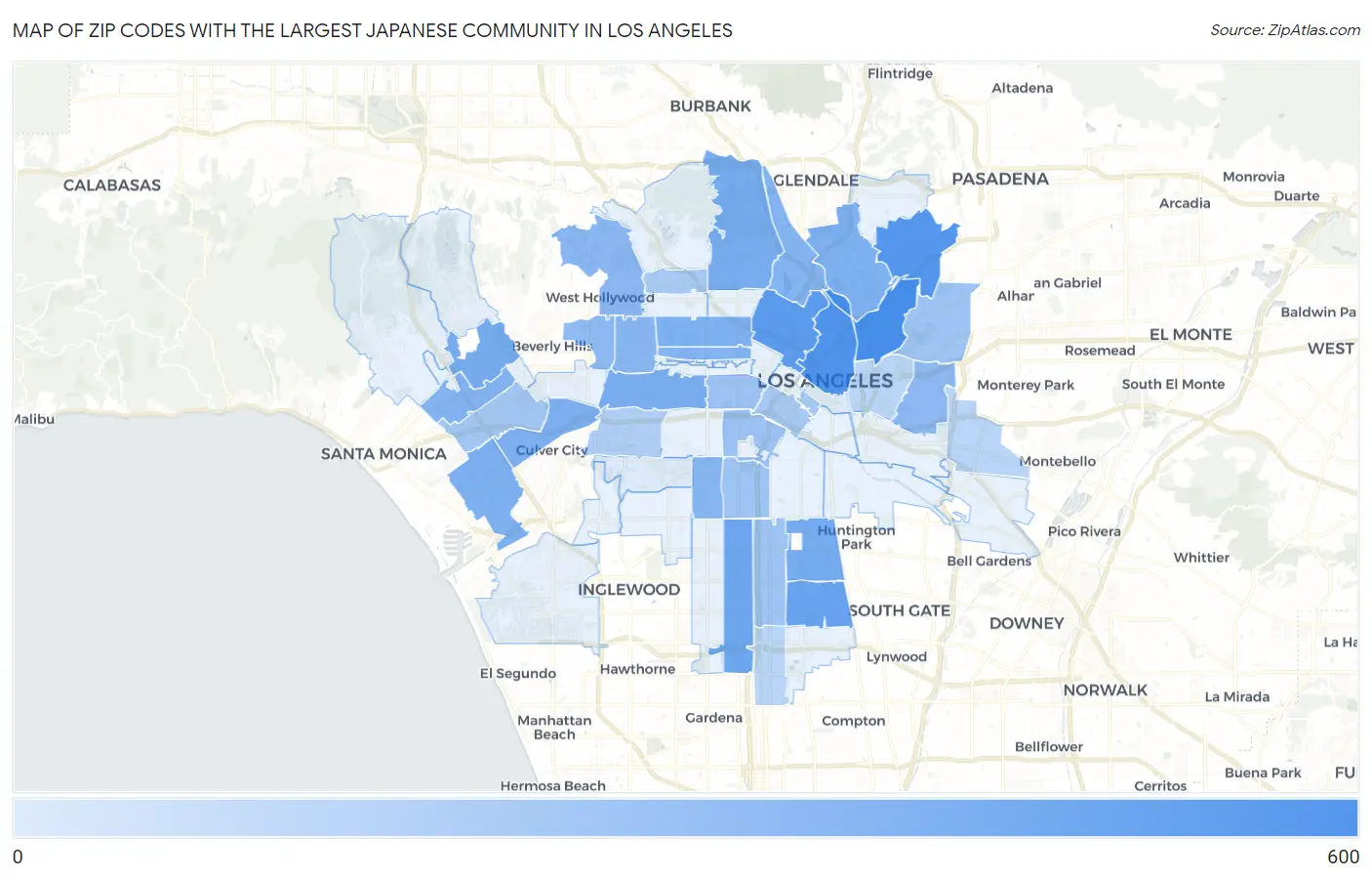 Zip Codes with the Largest Japanese Community in Los Angeles Map