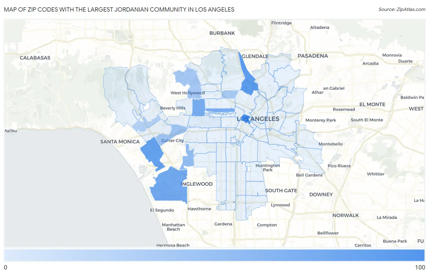 Zip Codes with the Largest Jordanian Community in Los Angeles Map
