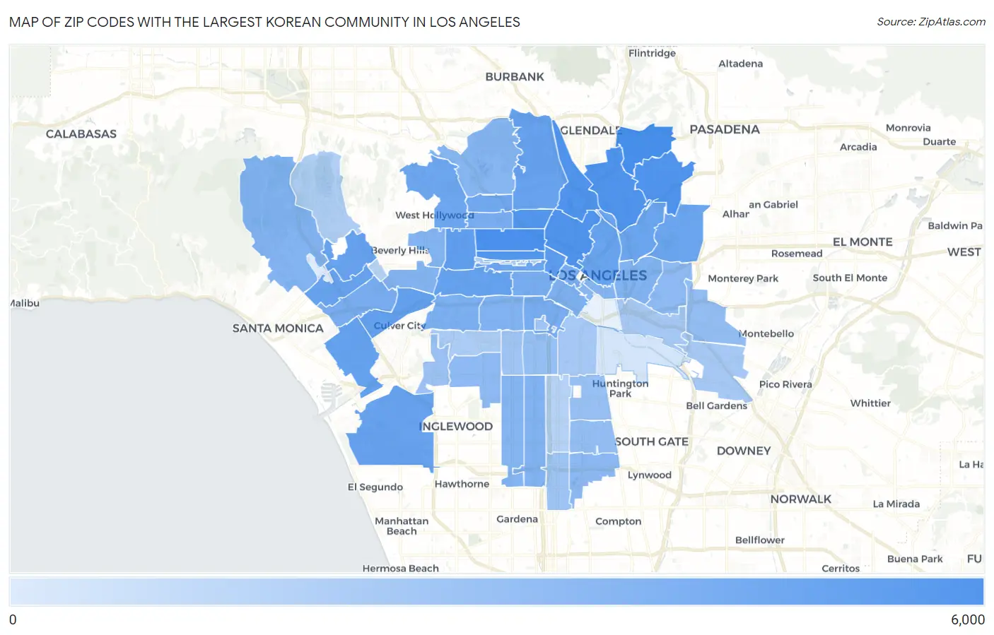 Zip Codes with the Largest Korean Community in Los Angeles Map