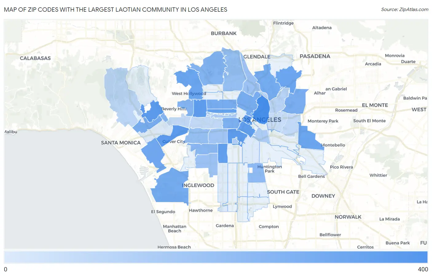 Zip Codes with the Largest Laotian Community in Los Angeles Map