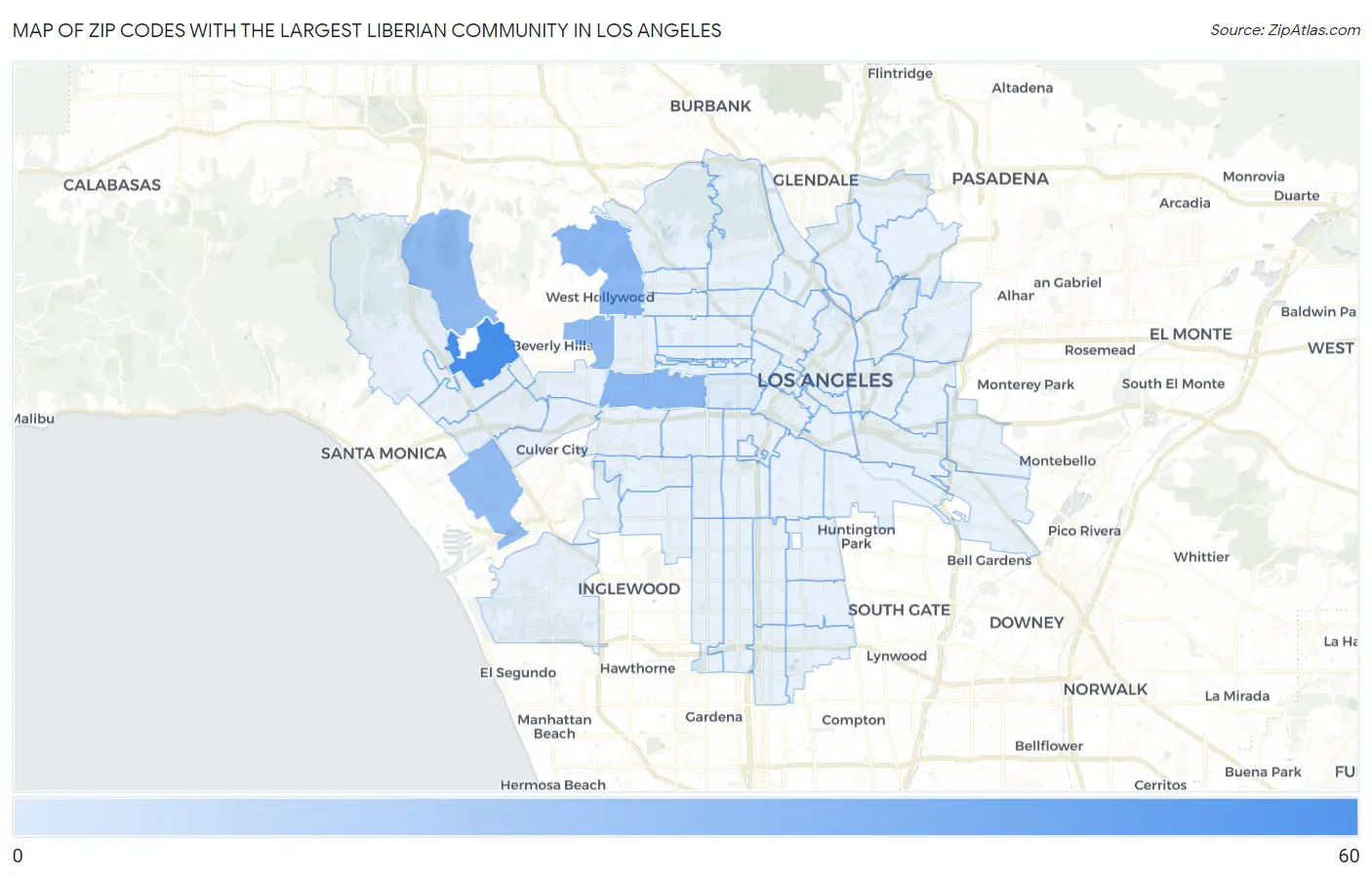 Zip Codes with the Largest Liberian Community in Los Angeles Map