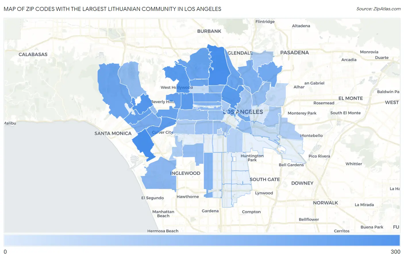 Zip Codes with the Largest Lithuanian Community in Los Angeles Map