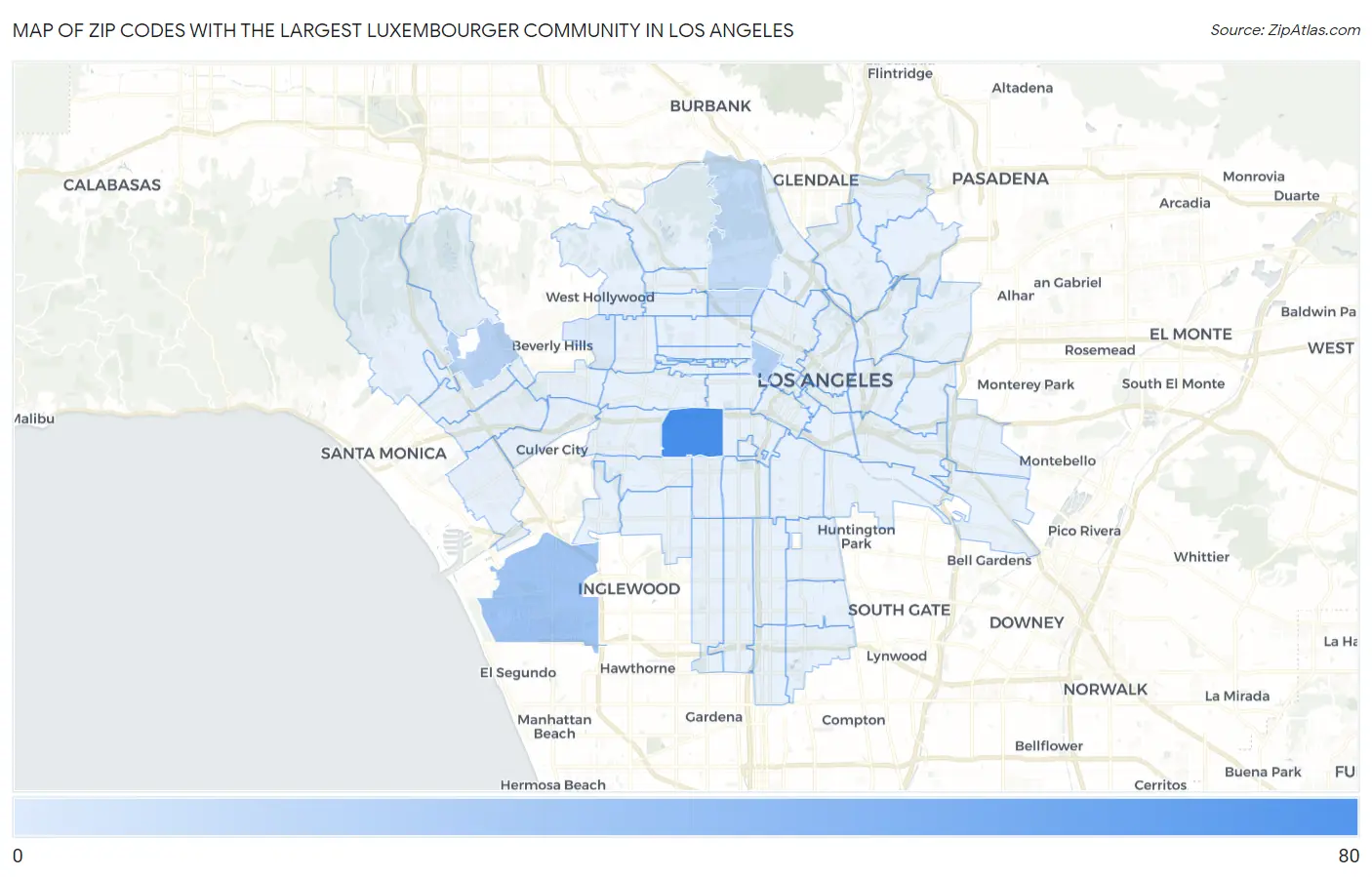 Zip Codes with the Largest Luxembourger Community in Los Angeles Map