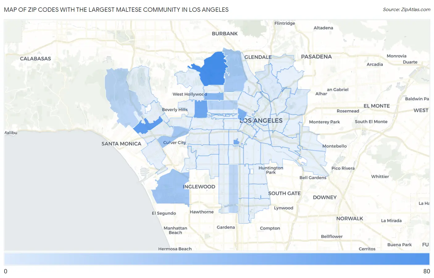 Zip Codes with the Largest Maltese Community in Los Angeles Map