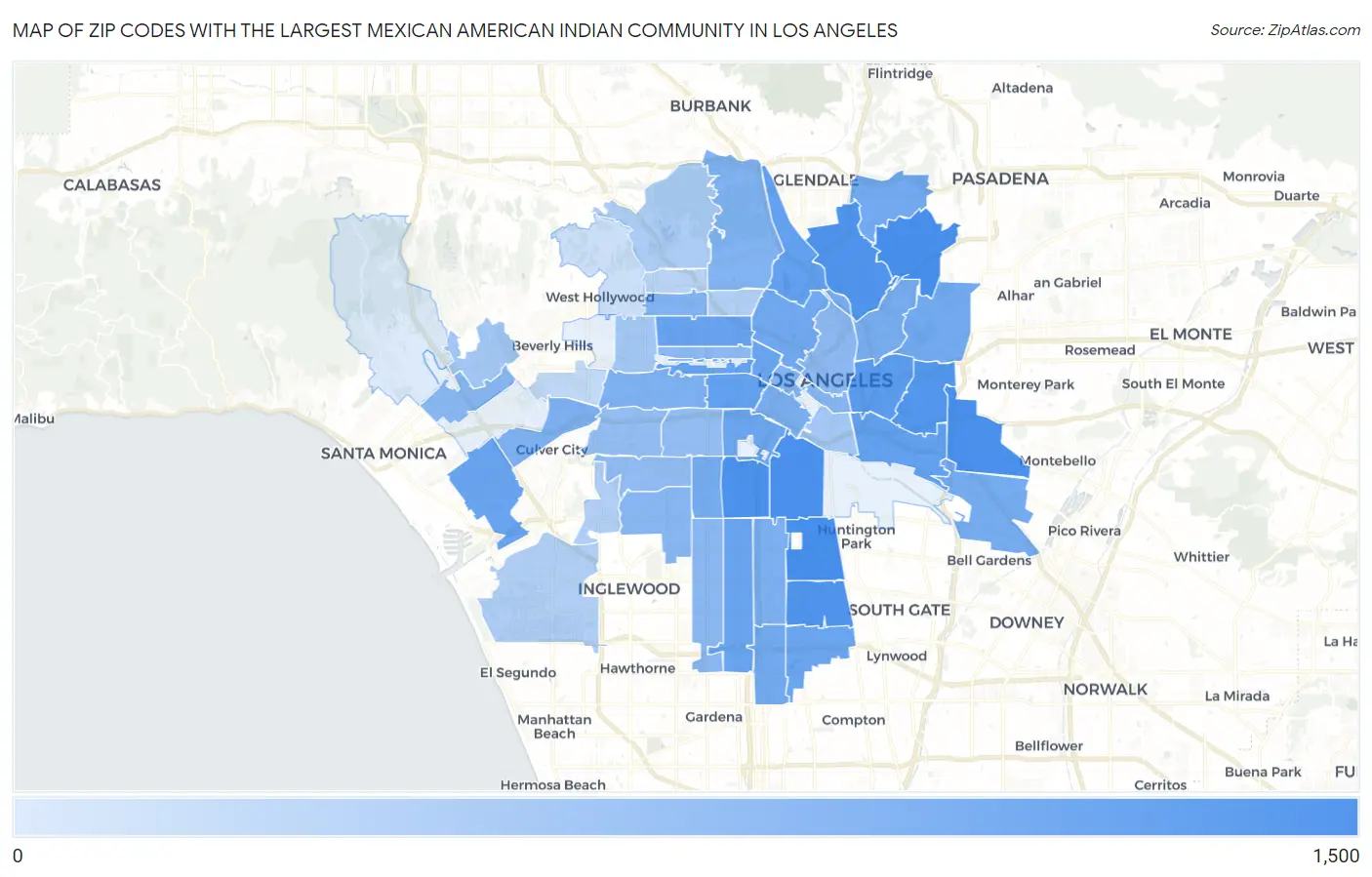 Zip Codes with the Largest Mexican American Indian Community in Los Angeles Map