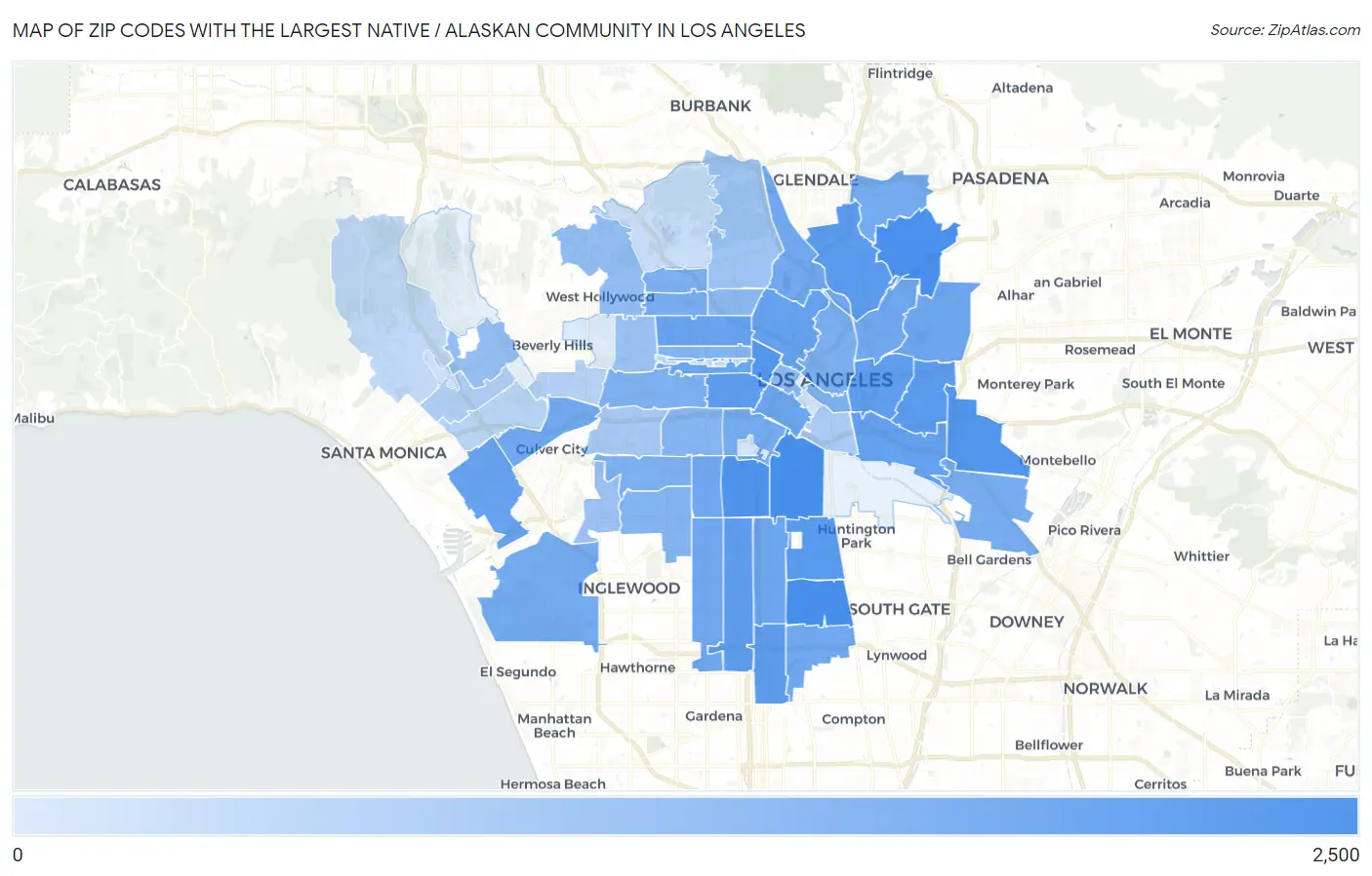 Zip Codes with the Largest Native / Alaskan Community in Los Angeles Map