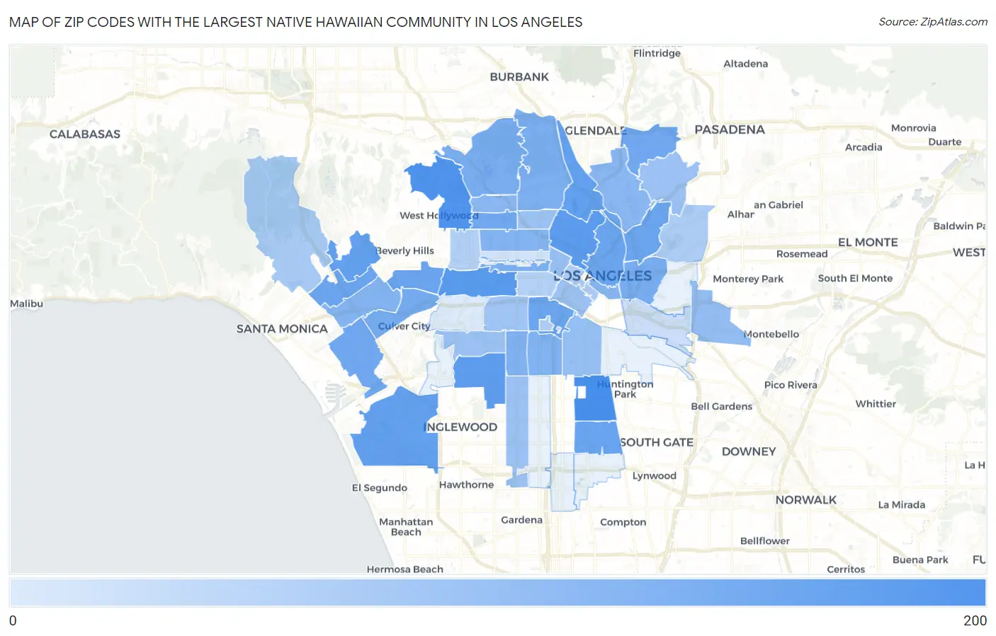 Zip Codes with the Largest Native Hawaiian Community in Los Angeles Map
