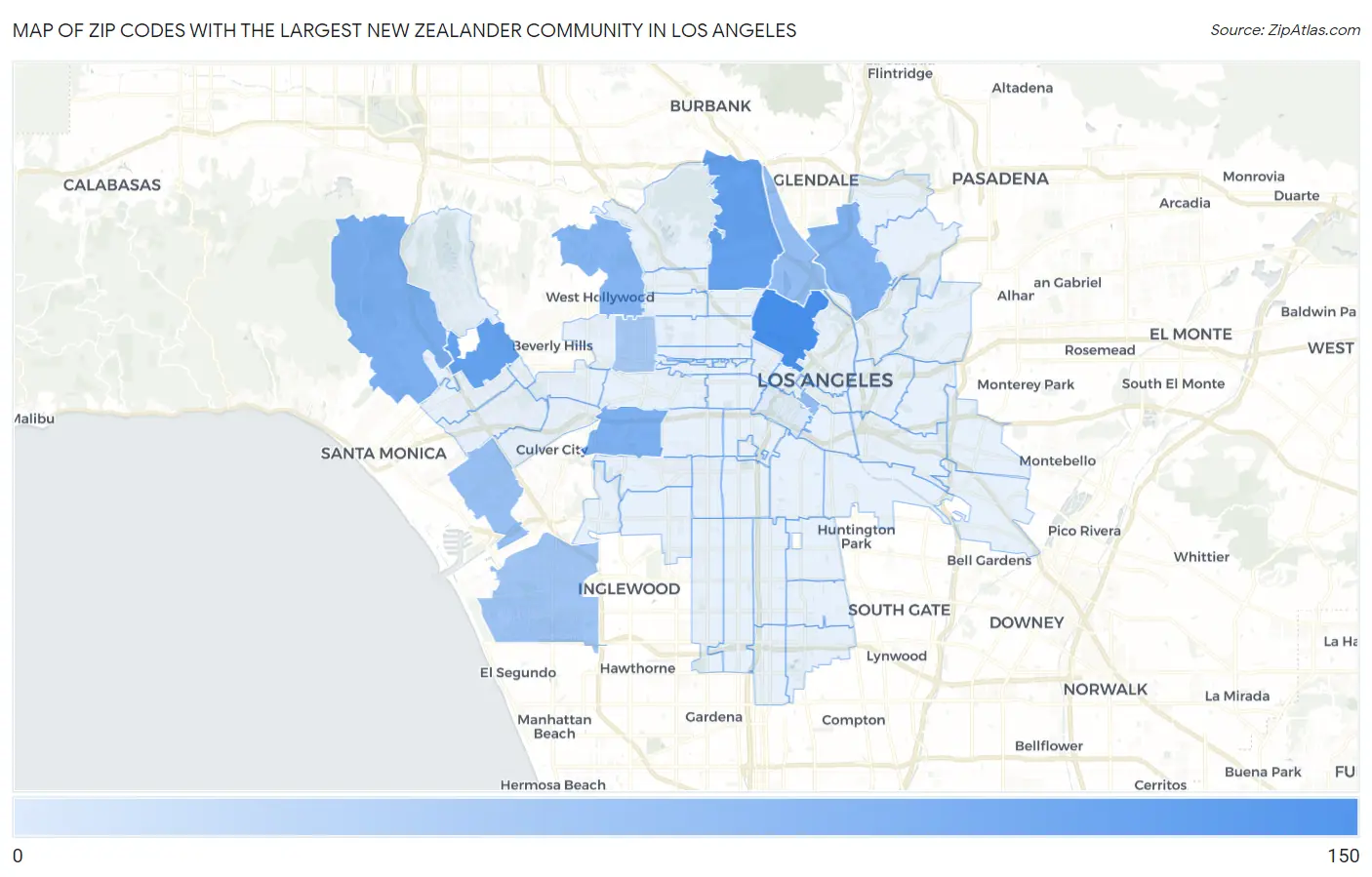 Zip Codes with the Largest New Zealander Community in Los Angeles Map