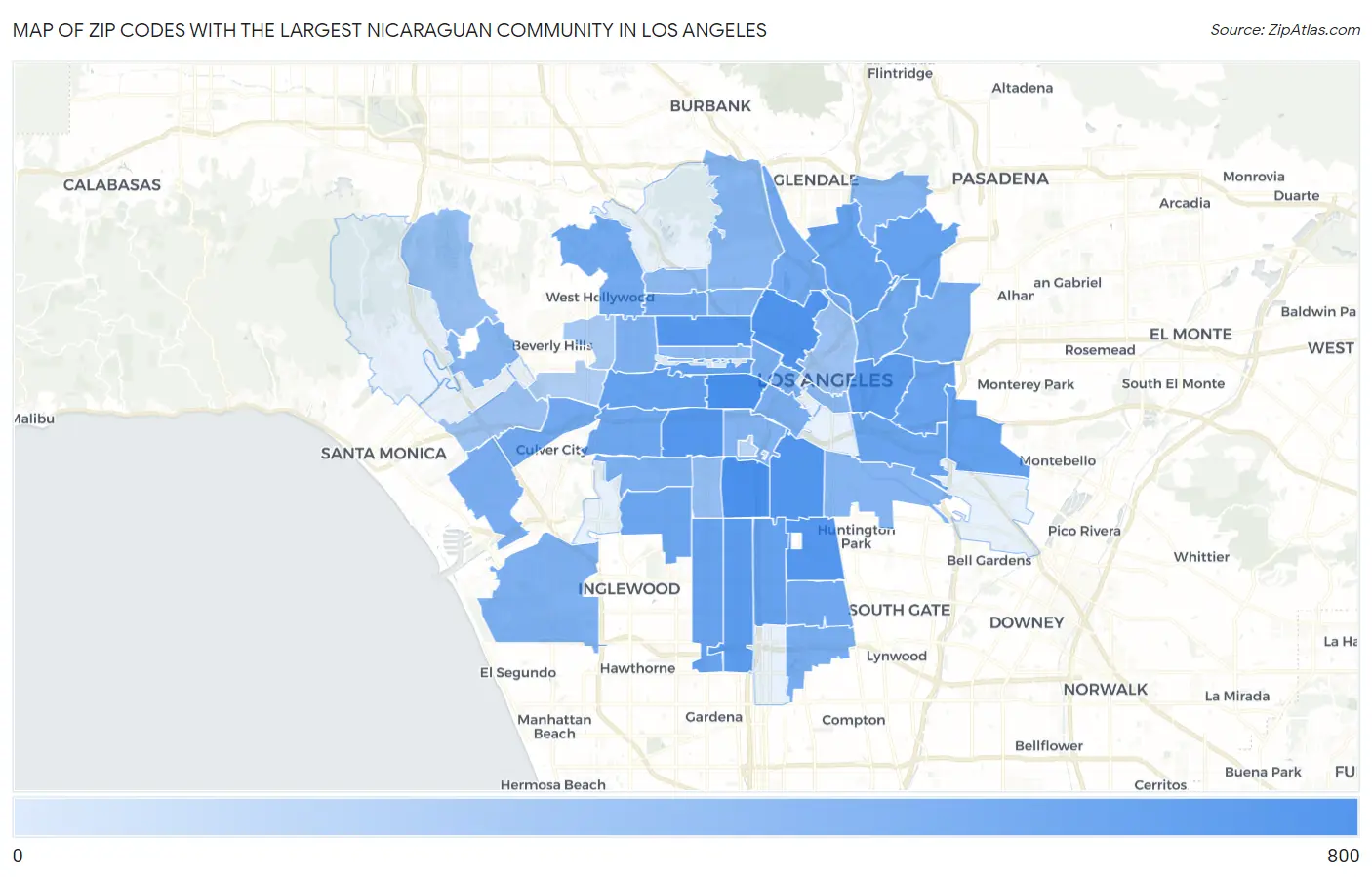Zip Codes with the Largest Nicaraguan Community in Los Angeles Map