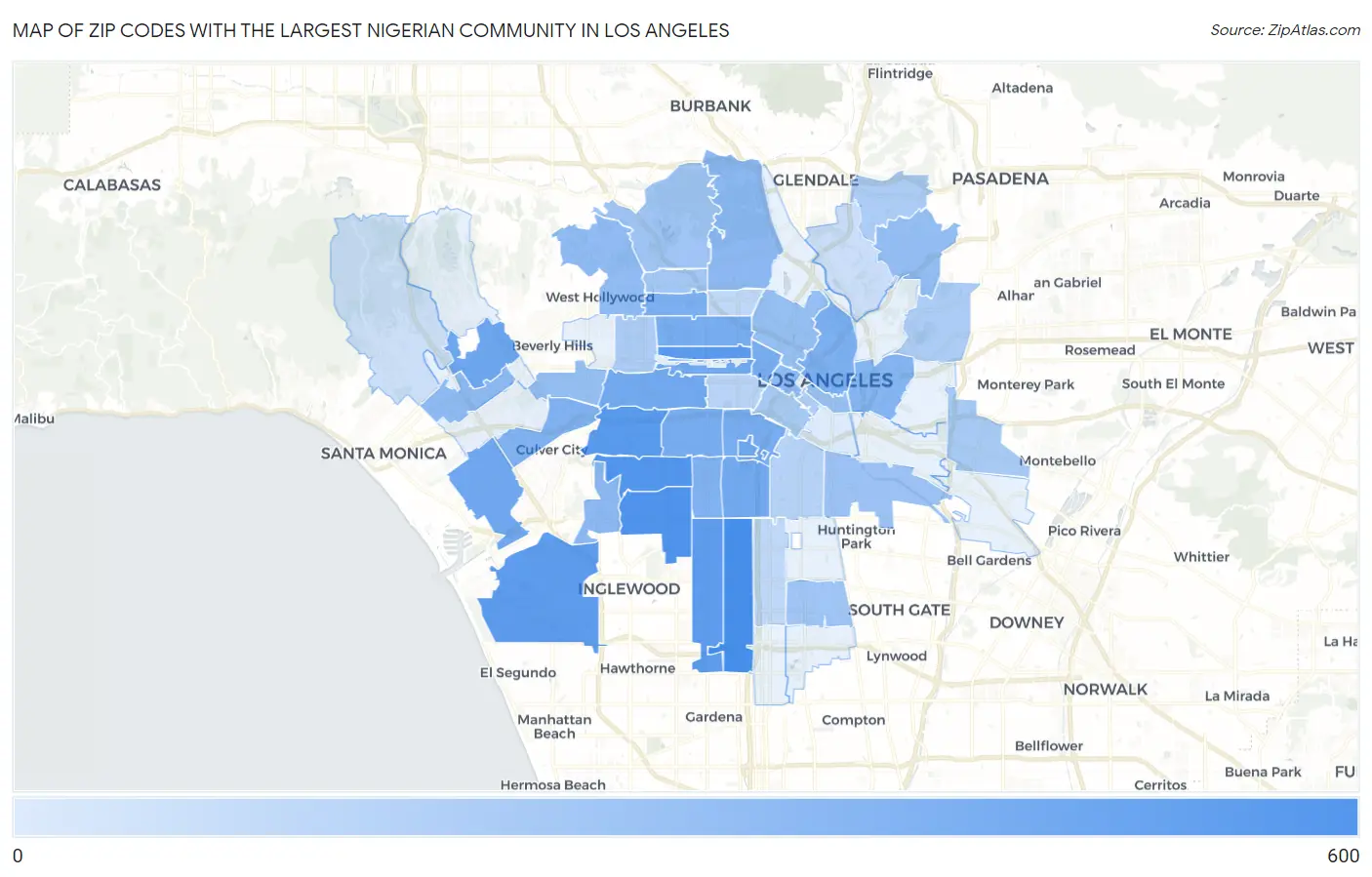 Zip Codes with the Largest Nigerian Community in Los Angeles Map