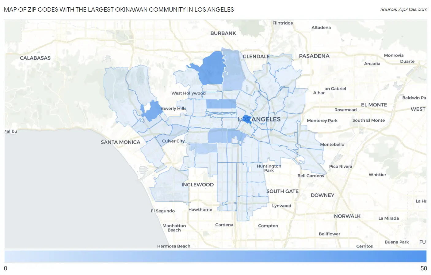 Zip Codes with the Largest Okinawan Community in Los Angeles Map