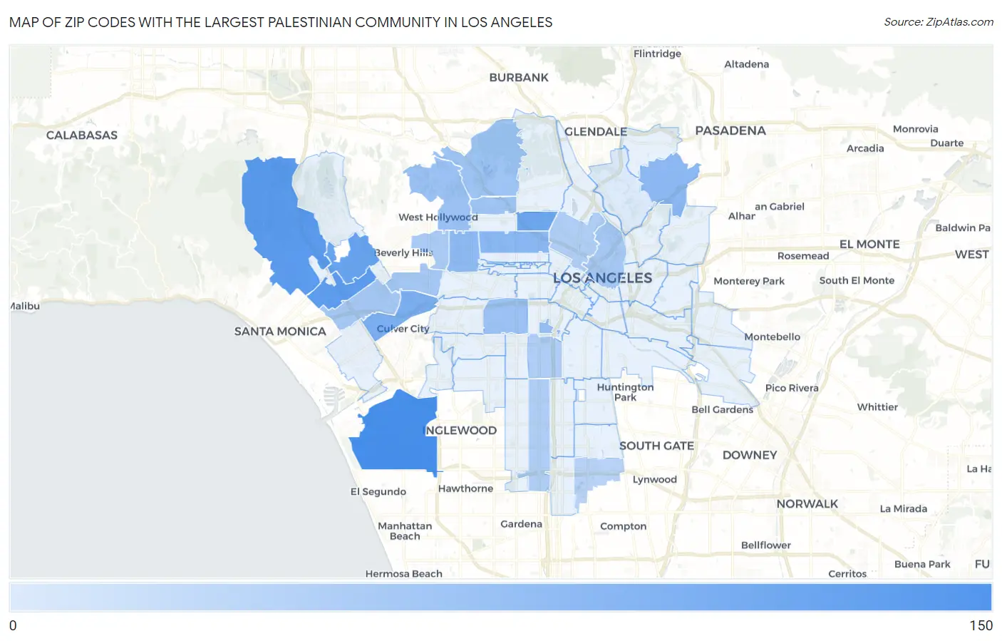 Zip Codes with the Largest Palestinian Community in Los Angeles Map