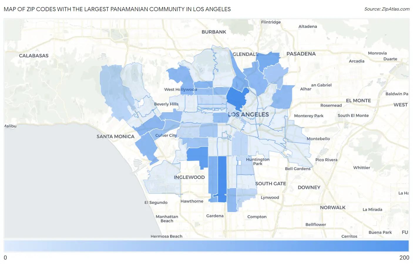 Zip Codes with the Largest Panamanian Community in Los Angeles Map