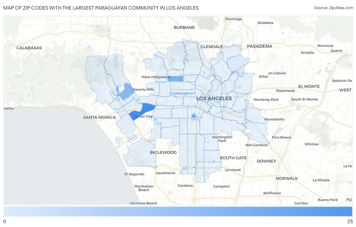 Zip Codes with the Largest Paraguayan Community in Los Angeles Map