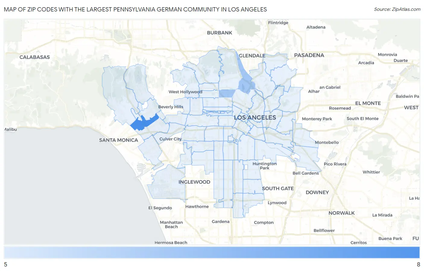 Zip Codes with the Largest Pennsylvania German Community in Los Angeles Map
