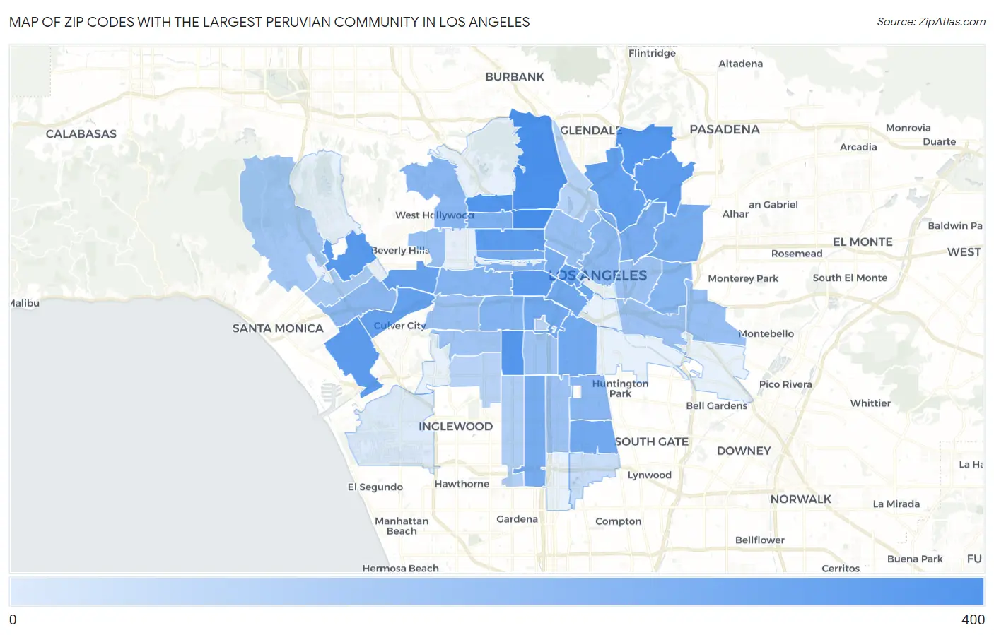 Zip Codes with the Largest Peruvian Community in Los Angeles Map