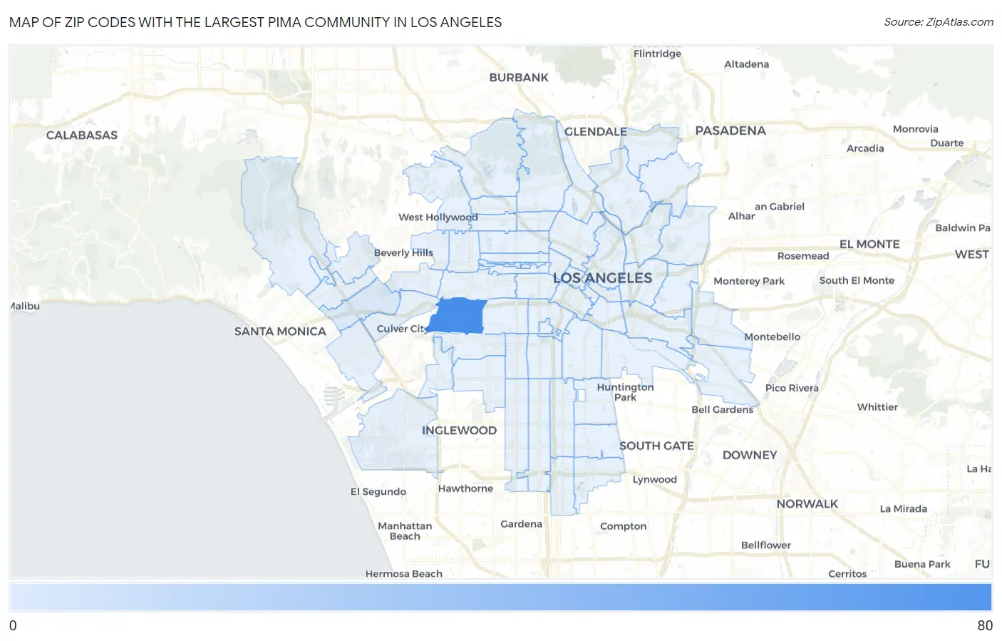 Zip Codes with the Largest Pima Community in Los Angeles Map