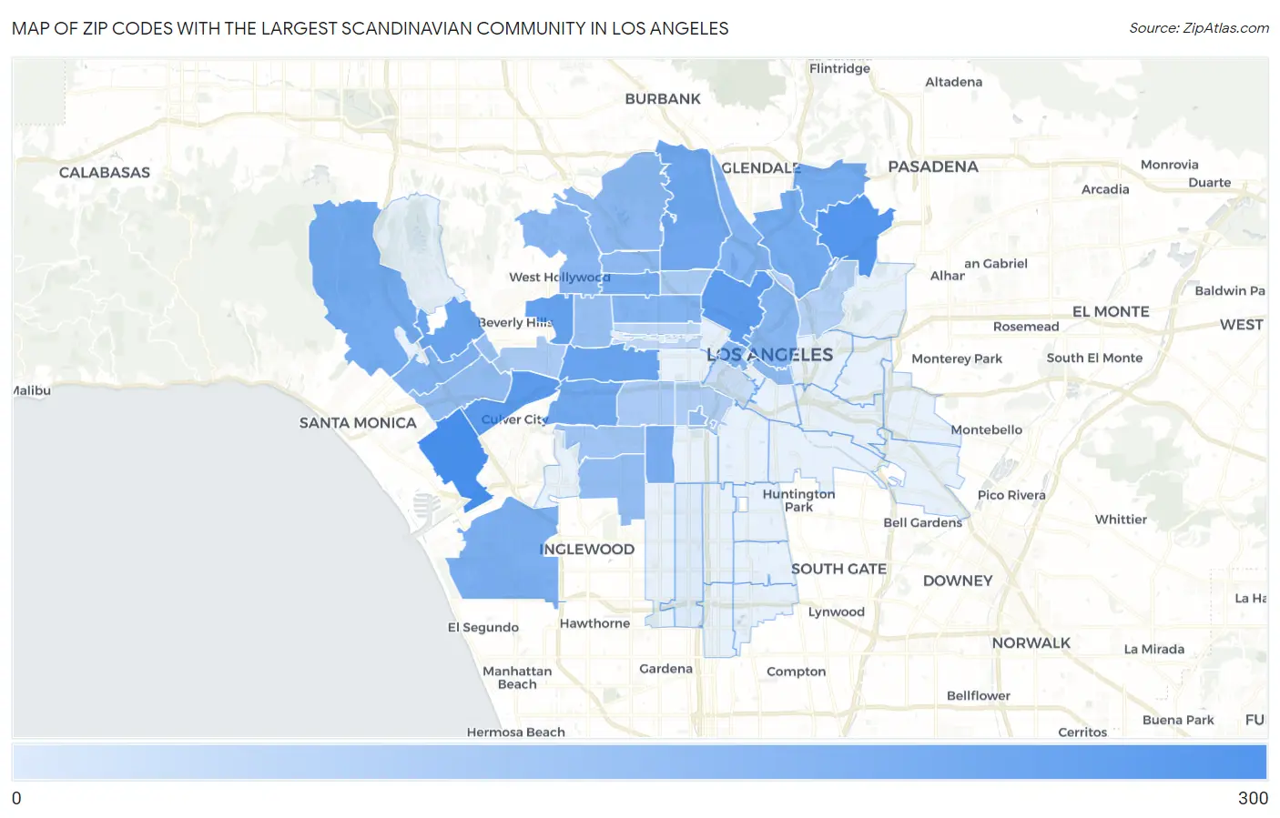 Zip Codes with the Largest Scandinavian Community in Los Angeles Map