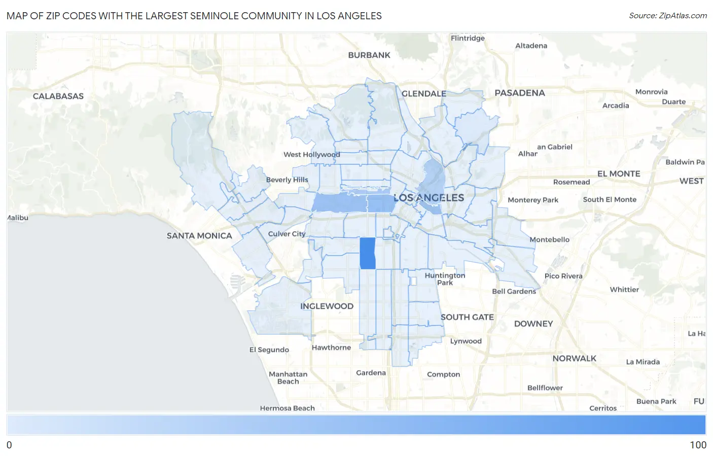 Zip Codes with the Largest Seminole Community in Los Angeles Map