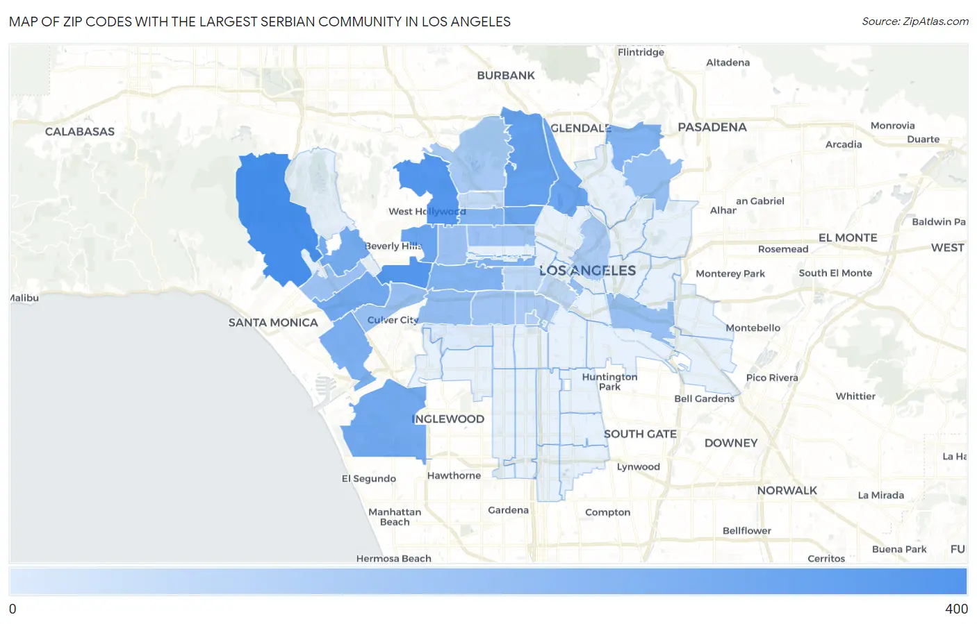 Zip Codes with the Largest Serbian Community in Los Angeles Map