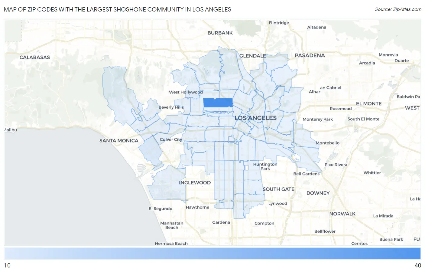 Zip Codes with the Largest Shoshone Community in Los Angeles Map