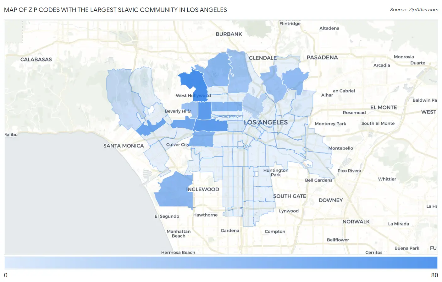 Zip Codes with the Largest Slavic Community in Los Angeles Map