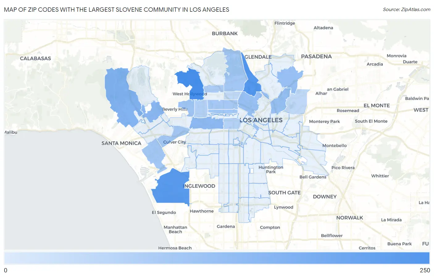 Zip Codes with the Largest Slovene Community in Los Angeles Map