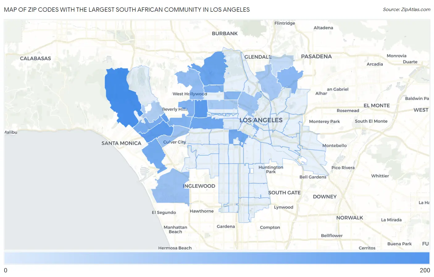 Zip Codes with the Largest South African Community in Los Angeles Map