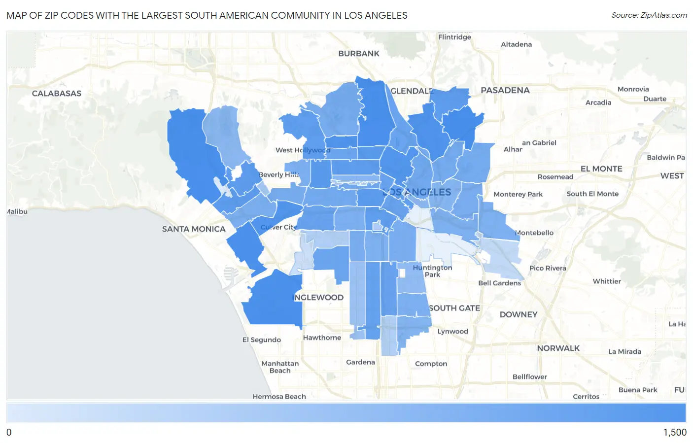 Zip Codes with the Largest South American Community in Los Angeles Map