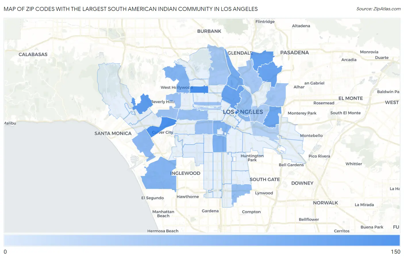 Zip Codes with the Largest South American Indian Community in Los Angeles Map