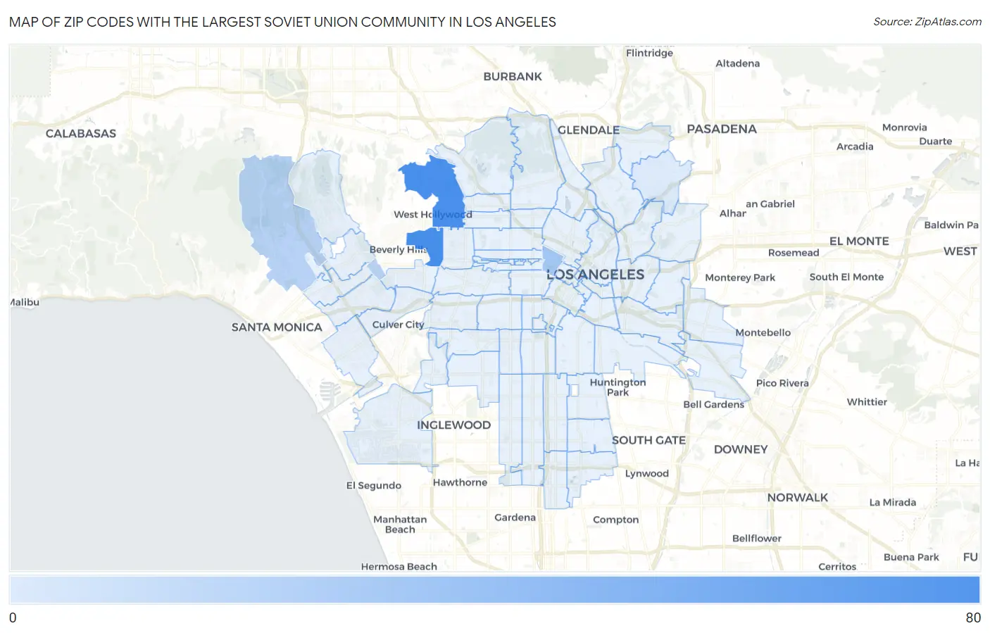 Zip Codes with the Largest Soviet Union Community in Los Angeles Map