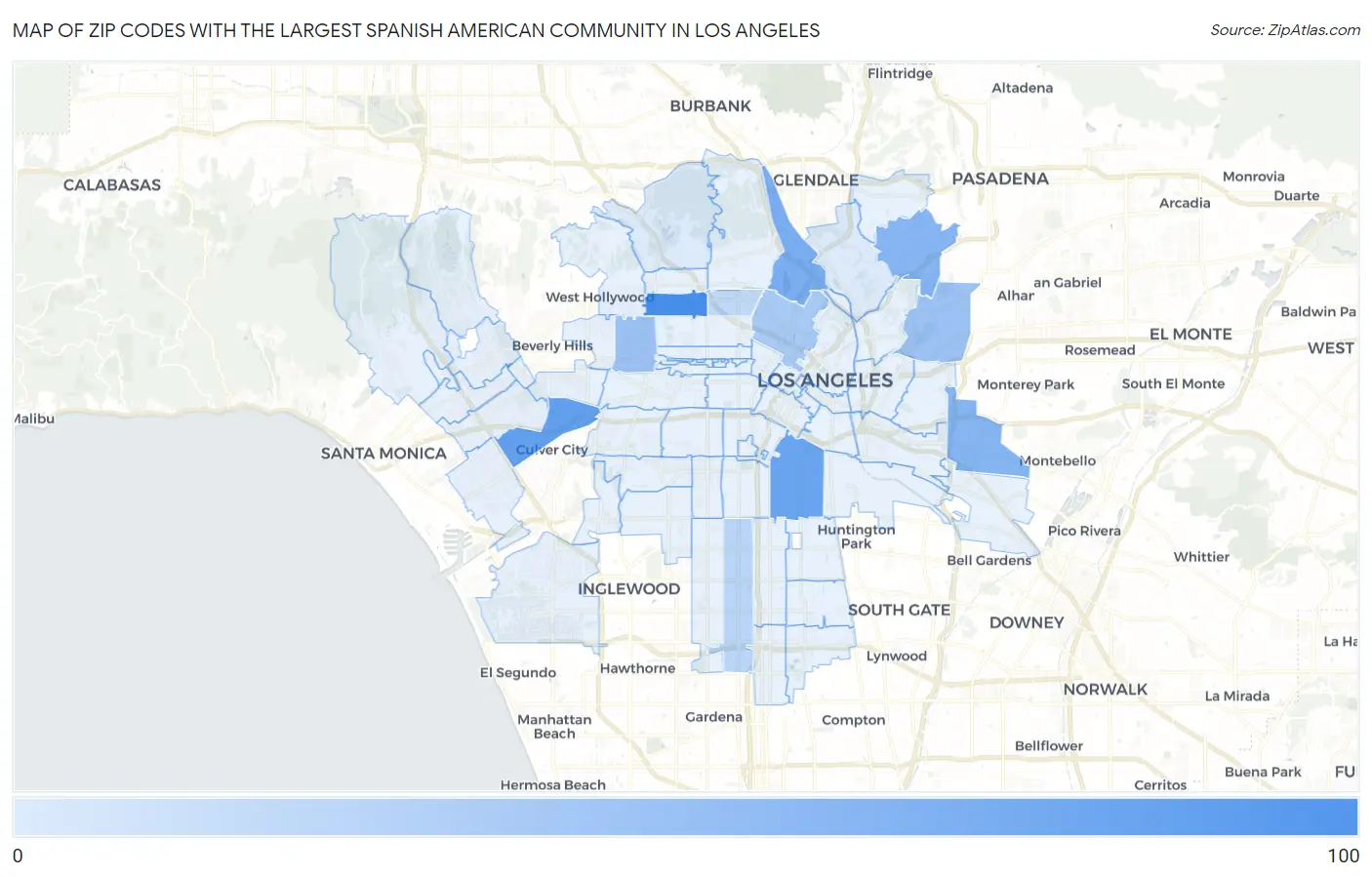 Zip Codes with the Largest Spanish American Community in Los Angeles Map