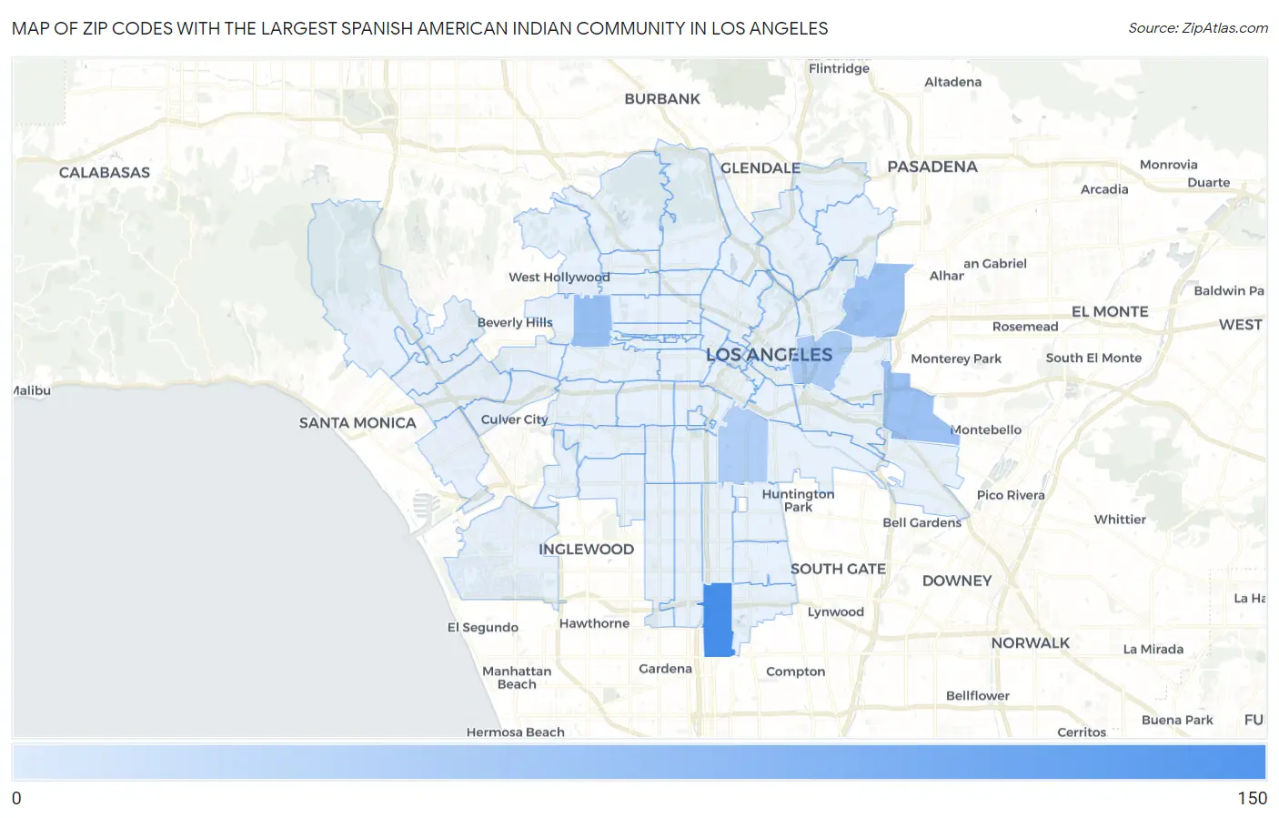 Zip Codes with the Largest Spanish American Indian Community in Los Angeles Map