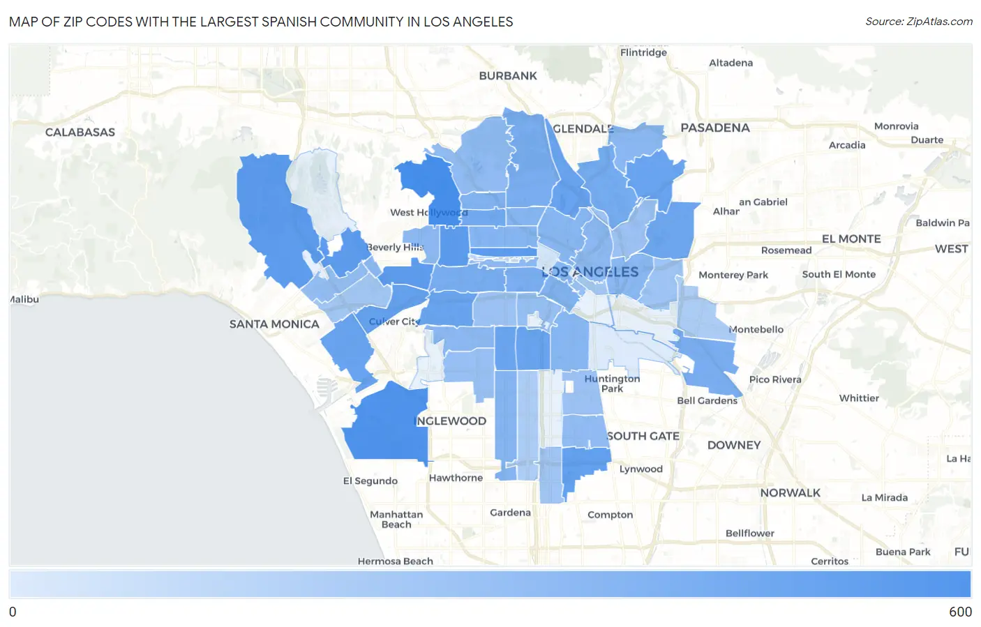 Zip Codes with the Largest Spanish Community in Los Angeles Map