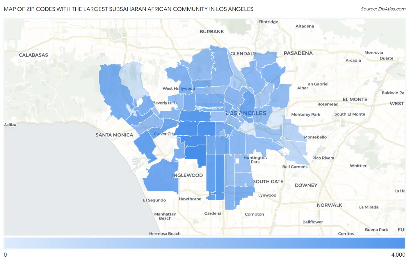 Zip Codes with the Largest Subsaharan African Community in Los Angeles Map