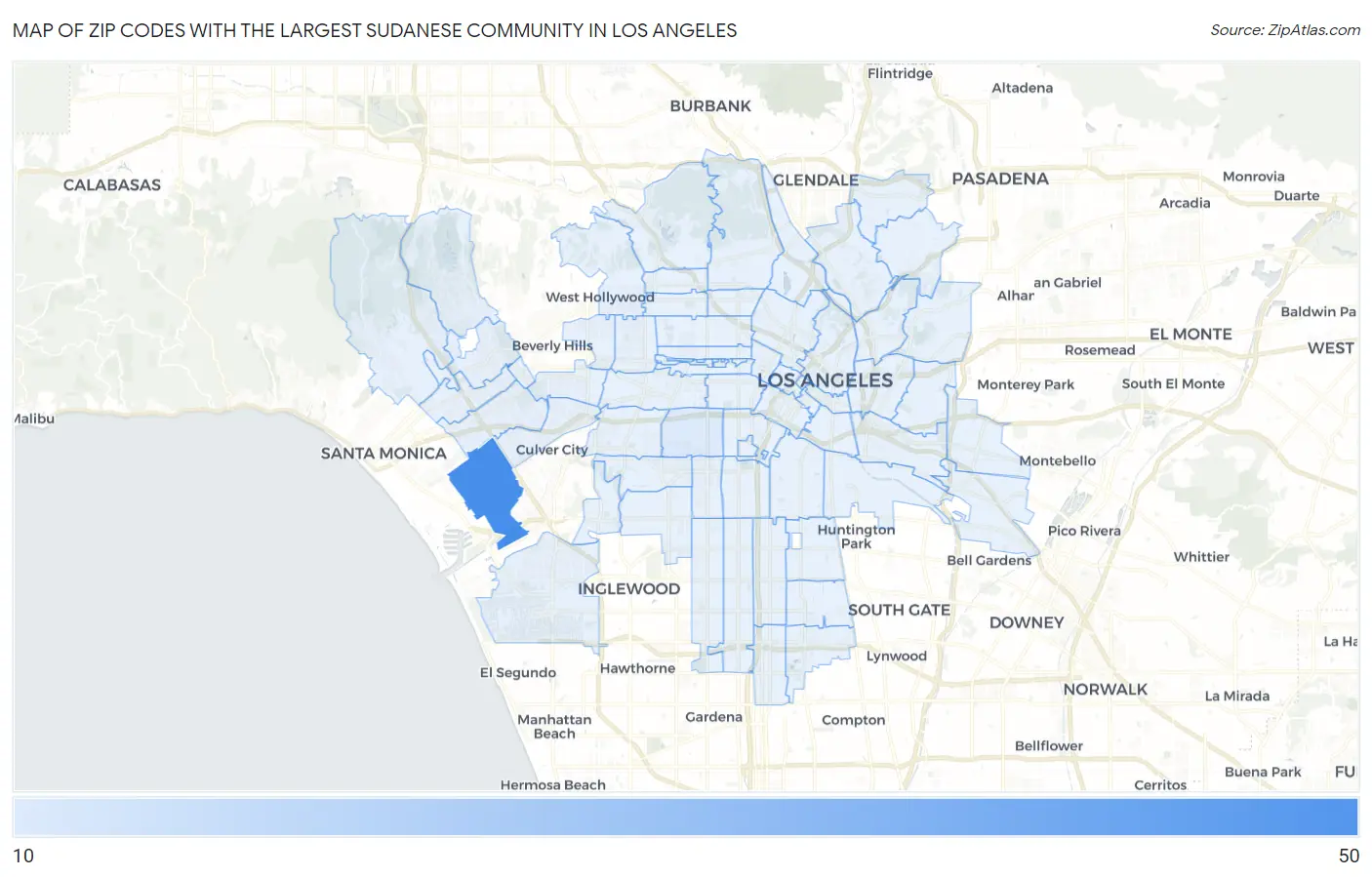 Zip Codes with the Largest Sudanese Community in Los Angeles Map