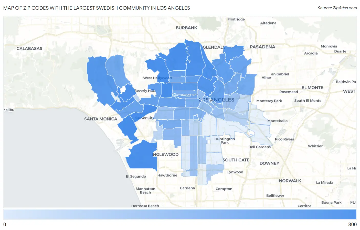 Zip Codes with the Largest Swedish Community in Los Angeles Map