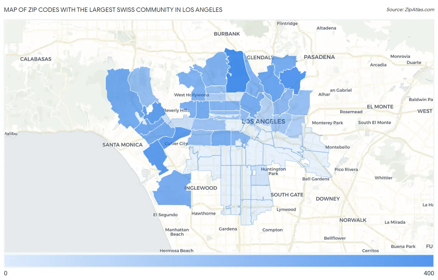 Zip Codes with the Largest Swiss Community in Los Angeles Map