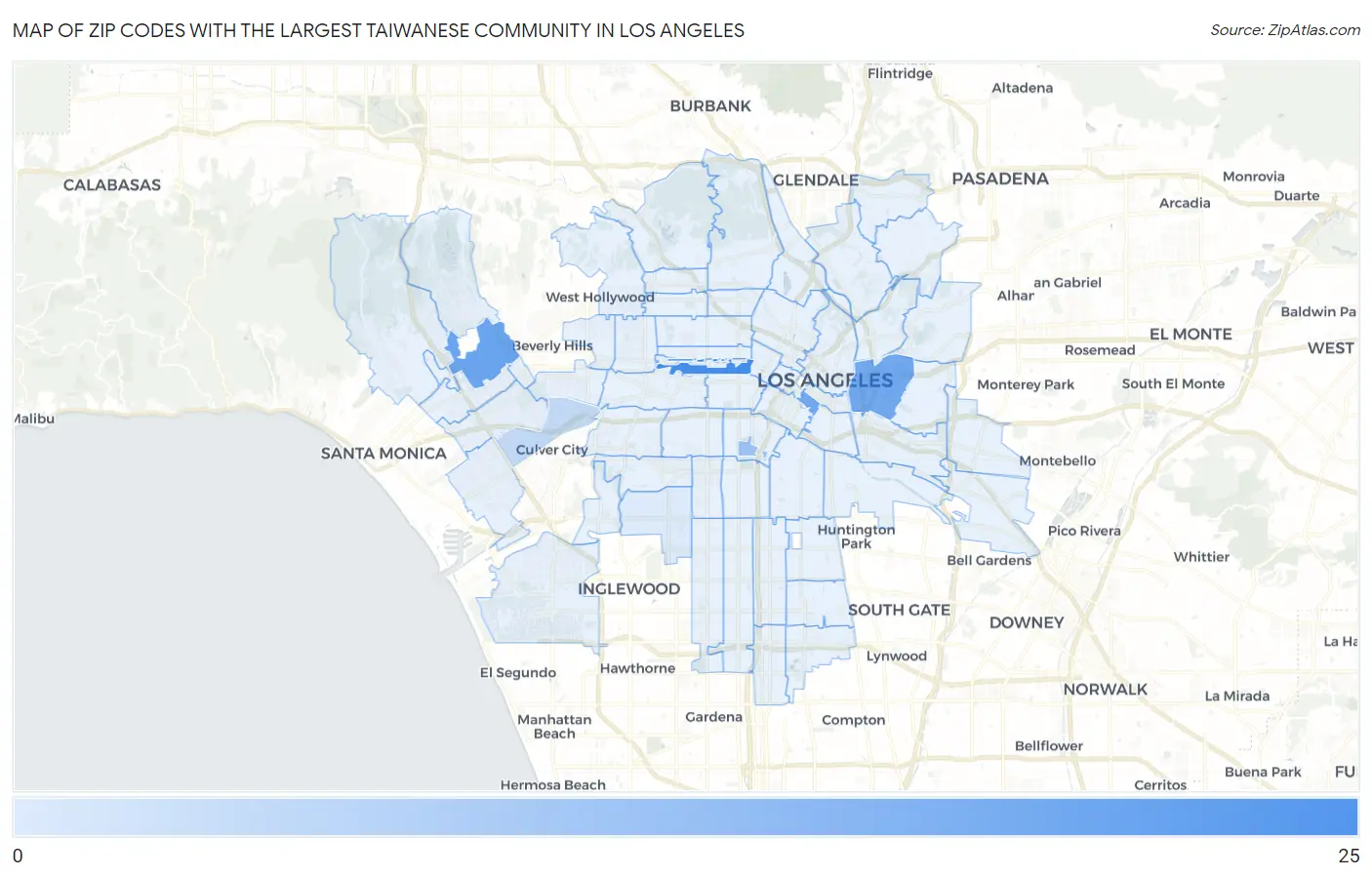 Zip Codes with the Largest Taiwanese Community in Los Angeles Map