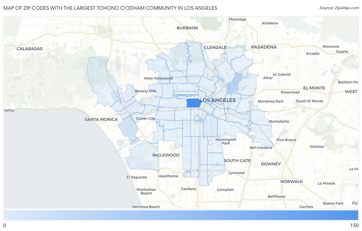 Zip Codes with the Largest Tohono O'Odham Community in Los Angeles Map
