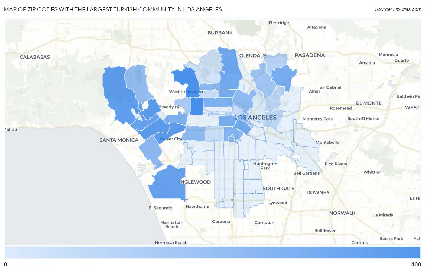 Zip Codes with the Largest Turkish Community in Los Angeles Map