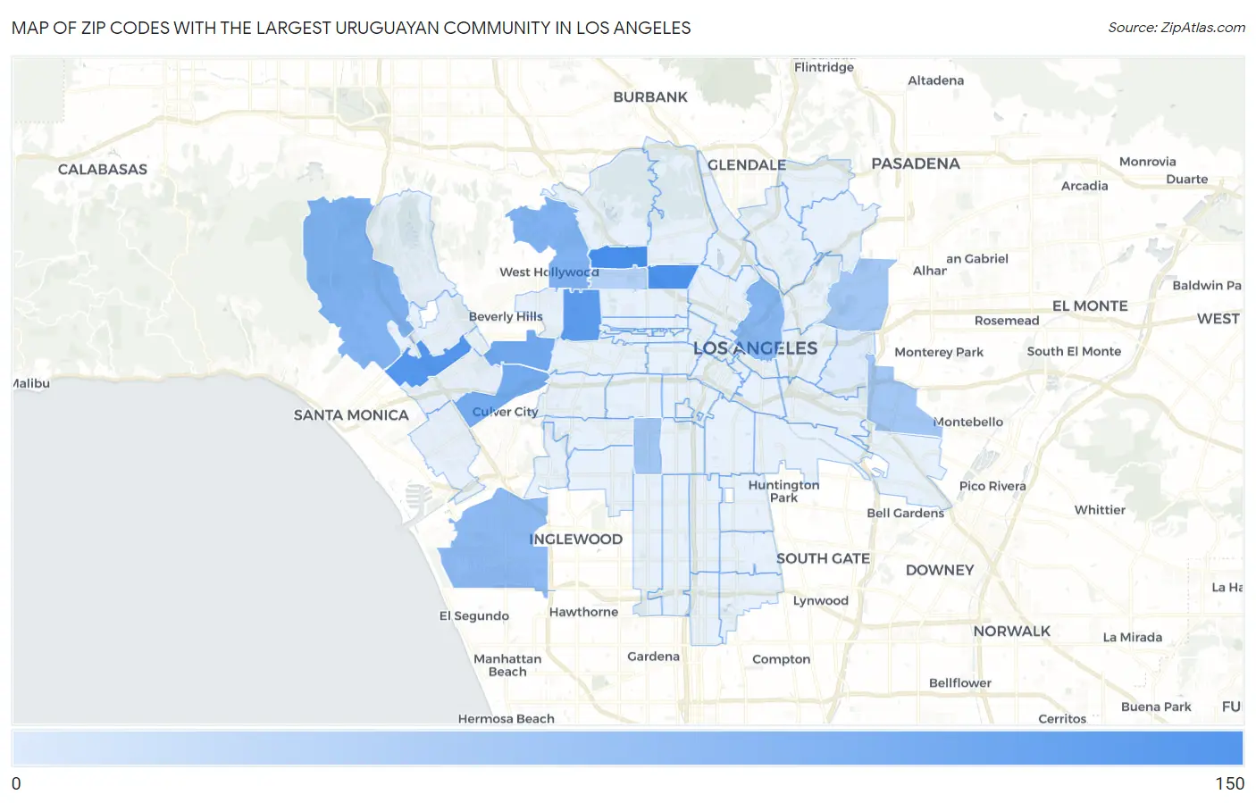 Zip Codes with the Largest Uruguayan Community in Los Angeles Map