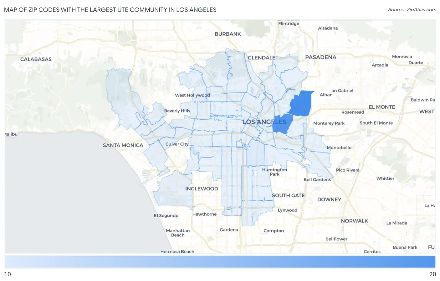 Zip Codes with the Largest Ute Community in Los Angeles Map